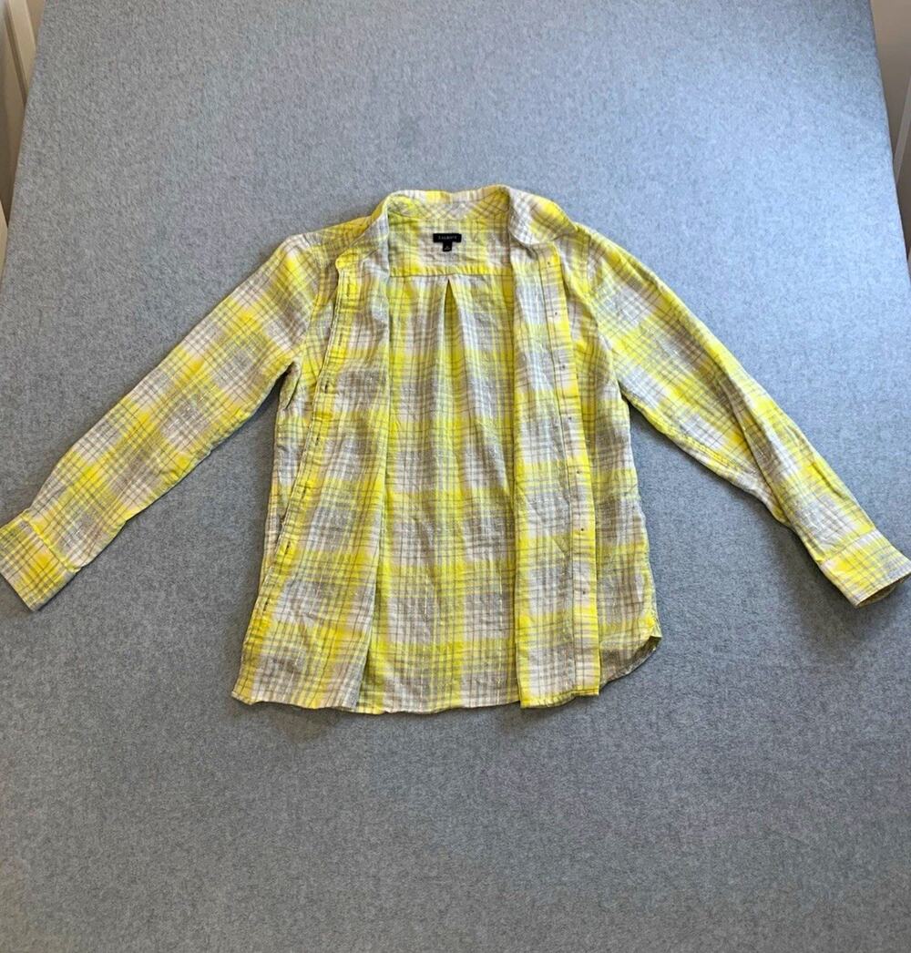 Talbots Womens Plaid Button-Up Shirt Yellow Gray White Cotton Blend Size M